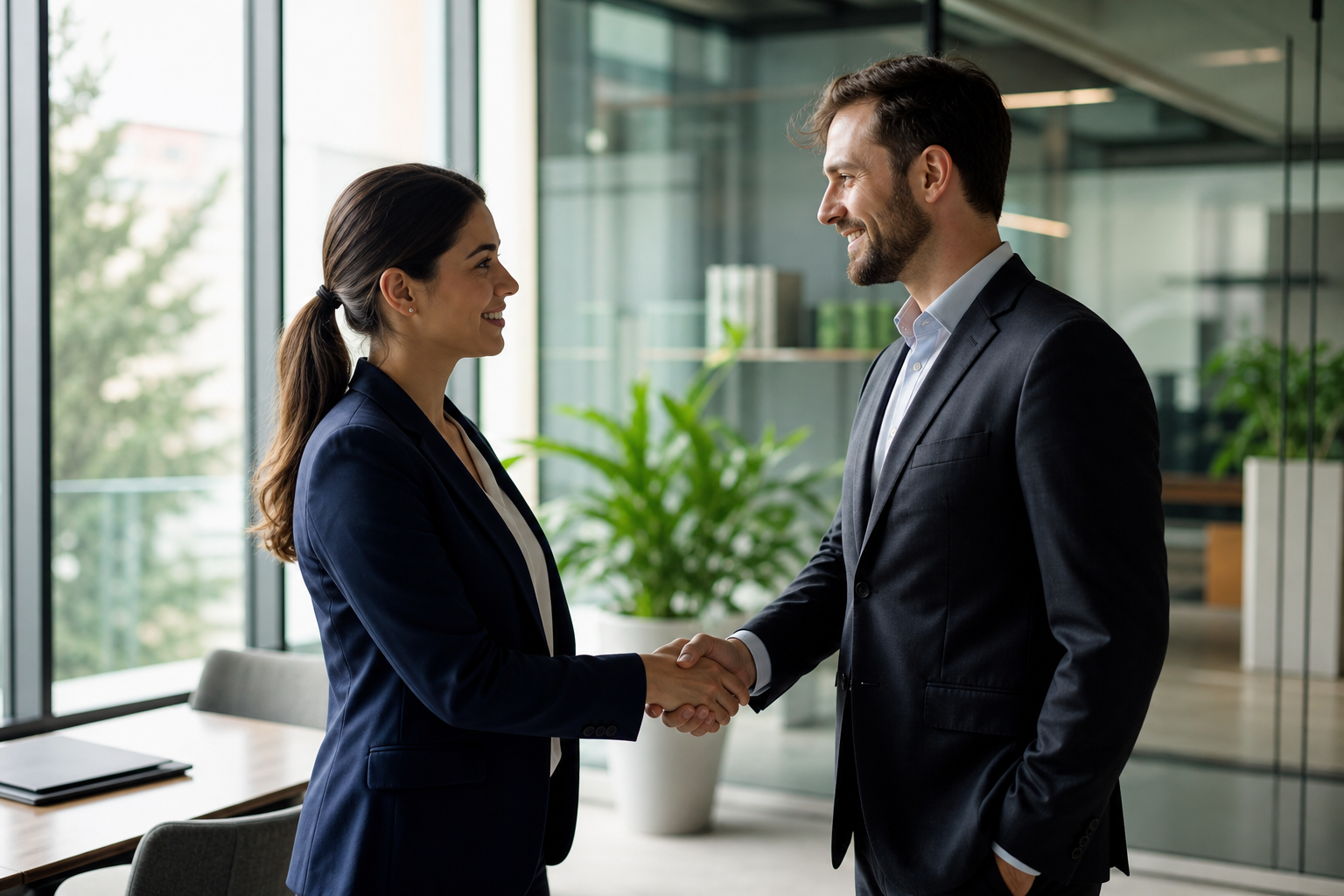 Man and Woman Shaking Hands in Office