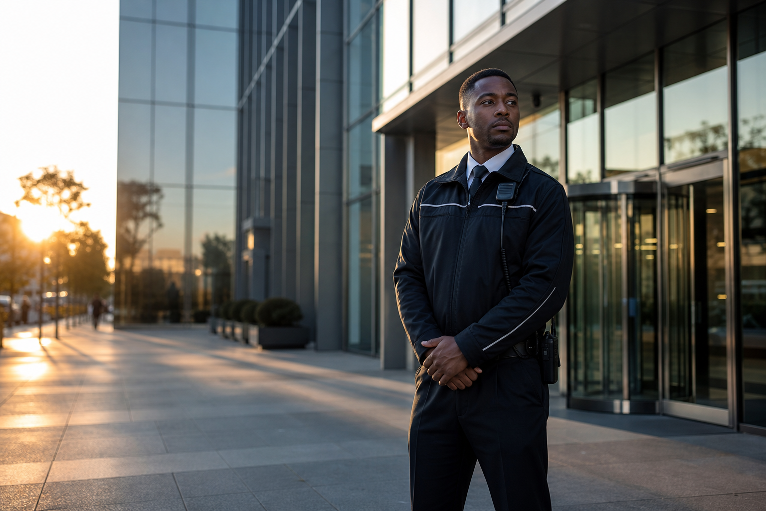 Modern Security Guard Outside Office Building